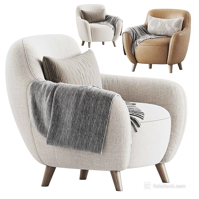 Cozy Upholstered Modern Armchair With Gray Blanket Neutral Pillow And Wooden Legs 3d model 