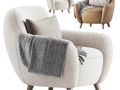 Cozy Upholstered Modern Armchair With Gray Blanket Neutral Pillow And Wooden Legs 3d model