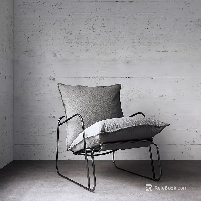 Modern Single Sofa With Metal Frame And Gray Pillow Against Textured Wall 3d model 