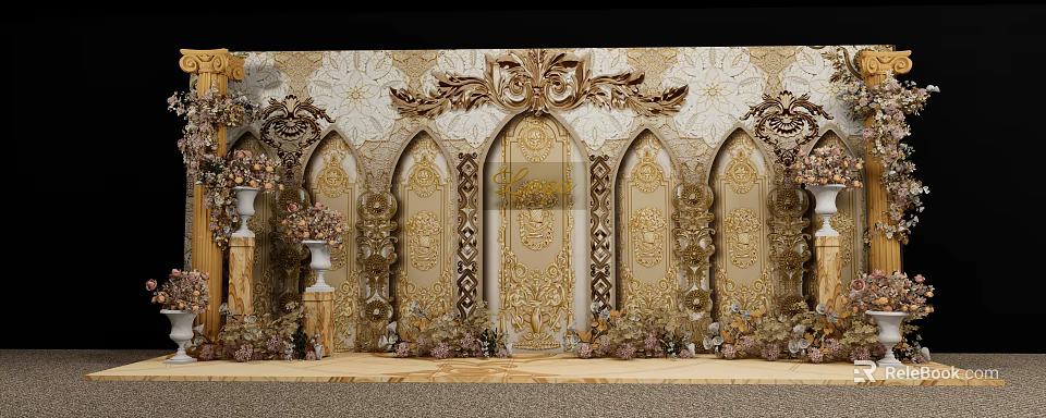 Elegant Floral Decor With Golden White Arched Doors And Carved Ornaments 3d model 