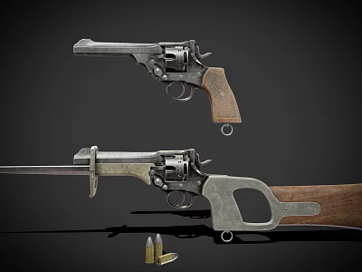 Vintage Revolver And Bayonet Equipped Firearm With Wooden Grips And Bullets 3d model