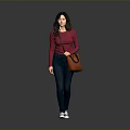 Woman In Red Top And Dark Jeans Walking With Brown Handbag On Gray Background