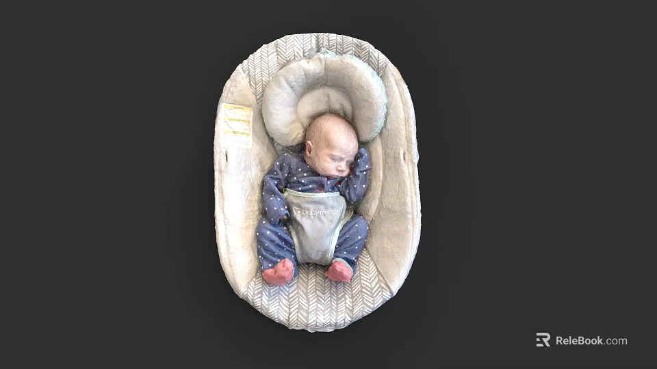 Woman Gently Watching Her Sleeping Baby In Soft Knitted Baby Bassinet 3d model 