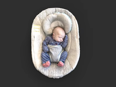 Woman Gently Watching Her Sleeping Baby In Soft Knitted Baby Bassinet 3d model