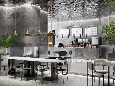 Industrial Style Milk Tea Shop Interior With Tables Chairs Pendant Lights And Plants 3d model