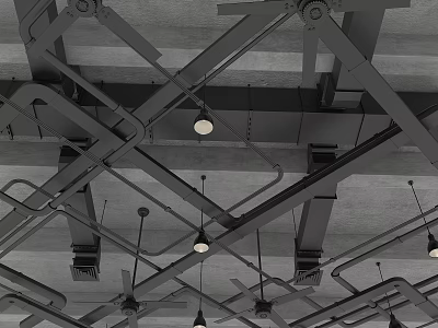Industrial Metal Pipes Ceiling Structure With Hanging Lighting Fixtures And Mechanical Components 3d model