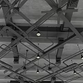 Industrial Metal Pipes Ceiling Structure With Hanging Lighting Fixtures And Mechanical Components