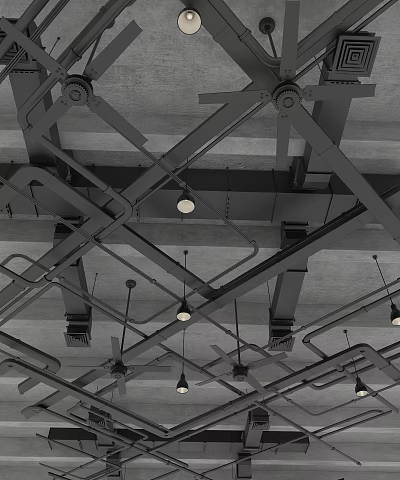 Industrial Metal Pipes Ceiling Structure With Hanging Lighting Fixtures And Mechanical Components 3d model