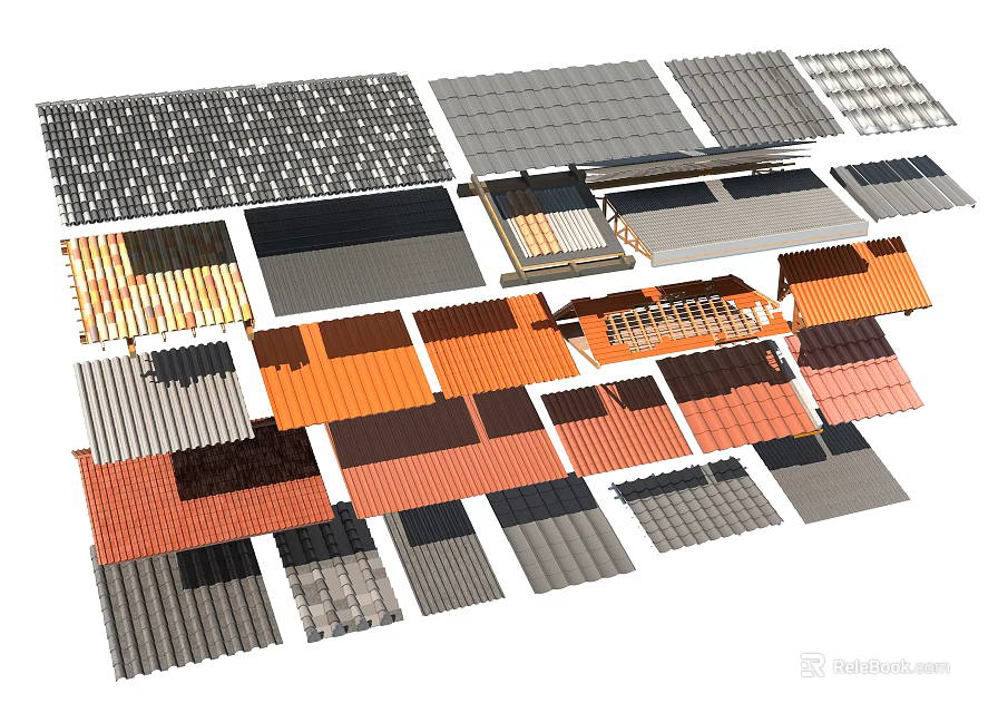 Multiple Colored Roof Tiles In Various Materials And Designs For Building Roofs 3d model 