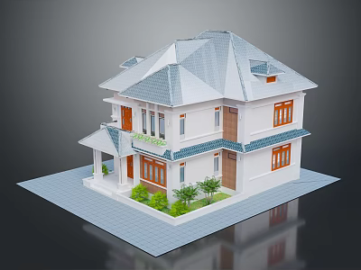 Two Story Building With Blue Roof White Walls Brown Windows And Front Plants 3d model