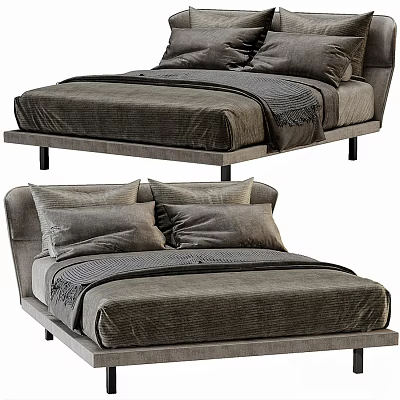 Modern Double Bed With Upholstered Headboard Plush Pillows And Cozy Bedding 3d model