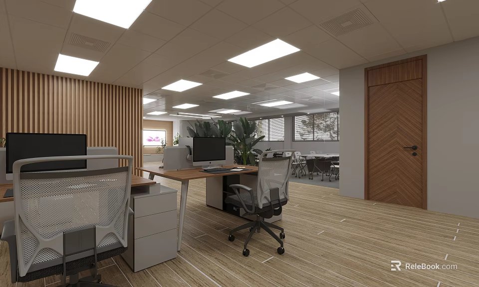Bright Public Office Space With Wooden Walls Desks Computers Windows Plants And Ceiling Lights 3d model 