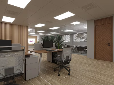 Bright Public Office Space With Wooden Walls Desks Computers Windows Plants And Ceiling Lights 3d model