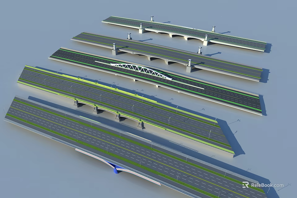 Modern Bridge Designs Featuring Road Lanes Green Belts And Various Structures 3d model