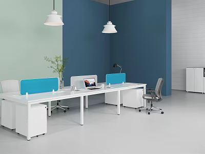 White Office Desk Setup With Blue Partitions Computer Potted Plant And Hanging Lamps 3d model