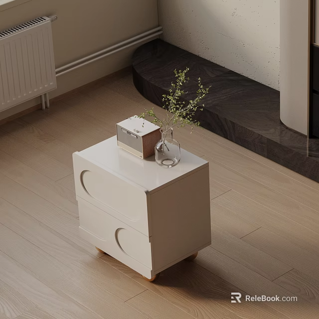 Modern White Side Table With Two Drawers Round Handles Small Box Glass Vase And Green Plant 3d model 