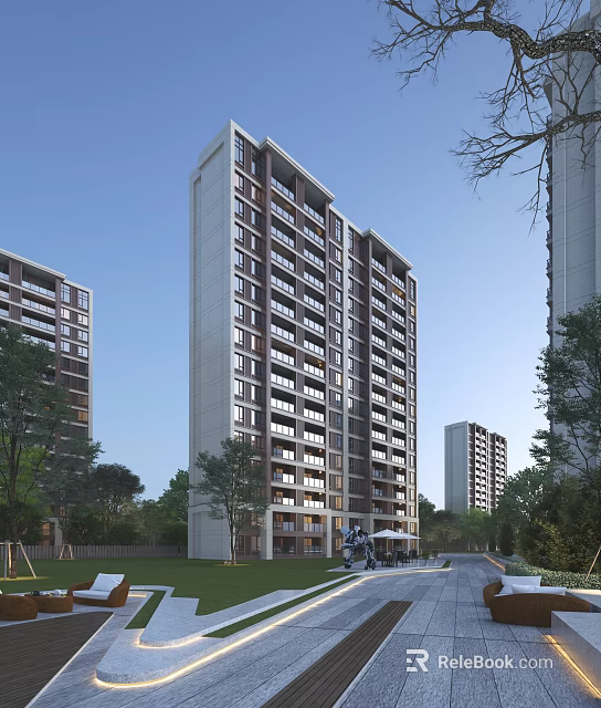 Modern High Rise Residential Building With Lush Green Trees Lawns And Path 3d model 