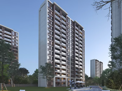 Modern High Rise Residential Building With Lush Green Trees Lawns And Path 3d model