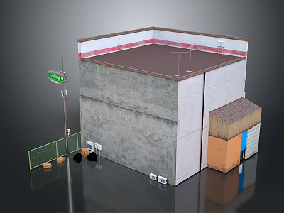 Small Building Structure With Gray Walls Brown Roof Green Street Sign Orange Boxes And Fence 3d model