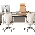 Modern Office Desk With Ergonomic Chairs Computer Monitor Desk Lamp And Storage Cabinet