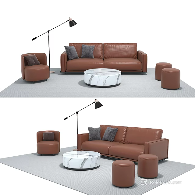 Modern Leather Sofa And Coffee Table Set With Marble Top Stools And Floor Lamp 3d model