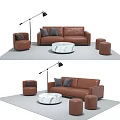 Modern Leather Sofa And Coffee Table Set With Marble Top Stools And Floor Lamp 3d model