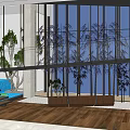 Modern Shop Front Desk With Glass Doors Green Plants Seating Area And Decorative Screens