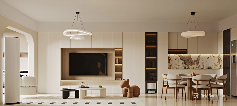Modern Living and Dining Room Interior With Pendant Lights TV Wall Cabinets And Dining Chairs 3d model 