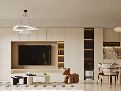 Modern Living and Dining Room Interior With Pendant Lights TV Wall Cabinets And Dining Chairs 3d model