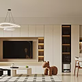 Modern Living and Dining Room Interior With Pendant Lights TV Wall Cabinets And Dining Chairs