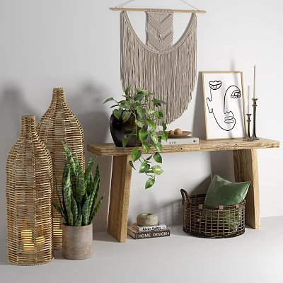 Wooden Console Table With Woven Lanterns Potted Plants Macramé Hanging Framed Art And Wicker Basket 3d model