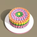Colorful Layered Cake With Round Petal Decorations On White Plate Pink Base