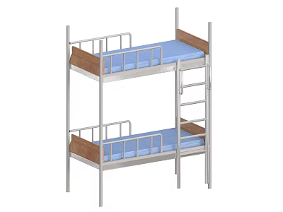 Sturdy Metal Frame Bunk Bed With Wooden Slats Blue Mattress And Ladder 3d model