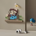 Block Style Cartoon Character Wall Decor with Hanging Wall Lamp and Green Plants on Shelf