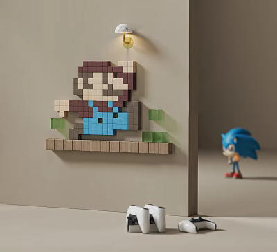 Block Style Cartoon Character Wall Decor with Hanging Wall Lamp and Green Plants on Shelf 3d model