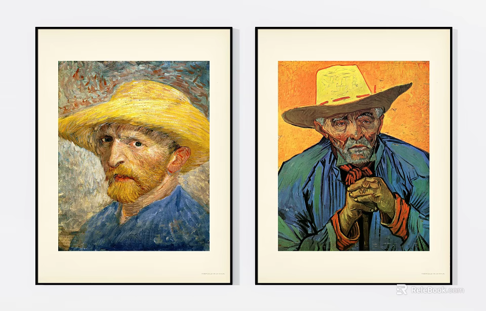 Two Oil Paintings Side by Side Featuring Men Portraits With Yellow Hats and Blue Clothing 3d model 