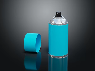 Blue Spray Can With Matching Cap On Black Reflective Surface Design 3d model