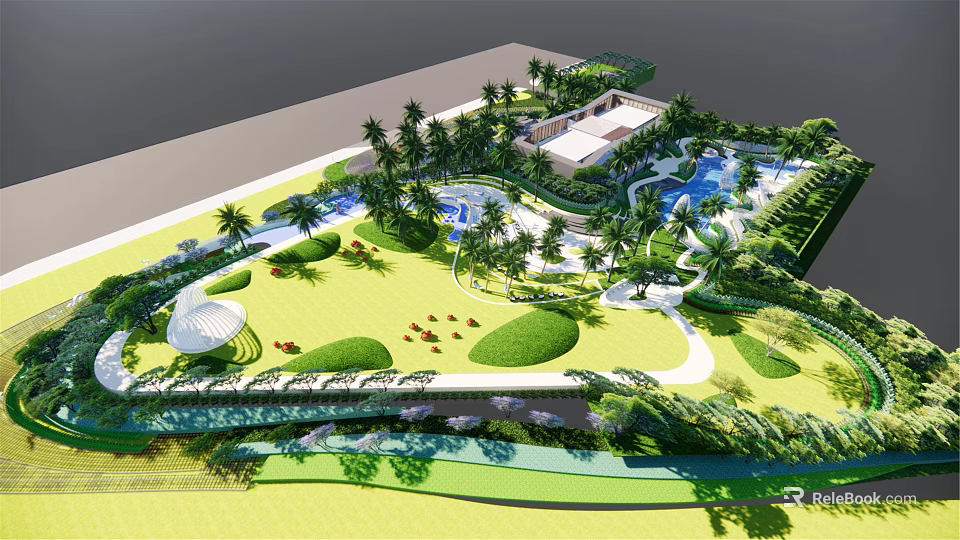 Serene Park Landscape Featuring Lush Green Lawns Curved Pathways Palm Trees And Water Features 3d model 
