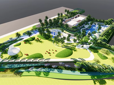 Serene Park Landscape Featuring Lush Green Lawns Curved Pathways Palm Trees And Water Features 3d model