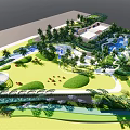 Serene Park Landscape Featuring Lush Green Lawns Curved Pathways Palm Trees And Water Features
