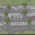 Modern Outdoor Pergola Structures With Trees And Greenery In Public Park