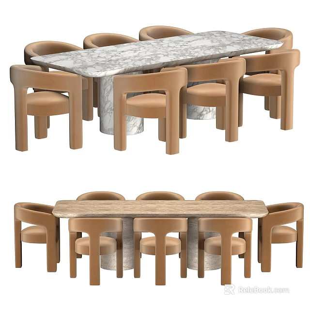 Modern Dining Table And Chair Set With Marble Tabletop And Light Brown Chairs 3d model