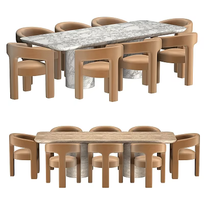 Modern Dining Table And Chair Set With Marble Tabletop And Light Brown Chairs 3d model