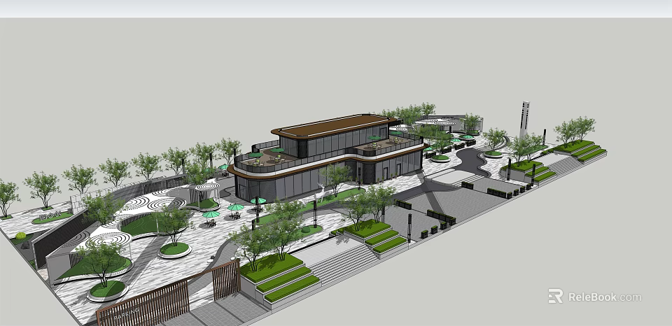 Modern Commercial Complex With Green Plants Open Plaza And Stone Steps 3d model