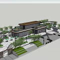 Modern Commercial Complex With Green Plants Open Plaza And Stone Steps 3d model