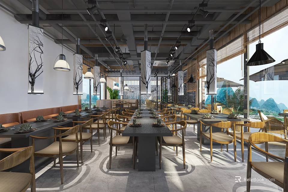 Modern Restaurant Interior Design With Wooden Tables Chairs Pendant Lights And Wall Decorations 3d model 