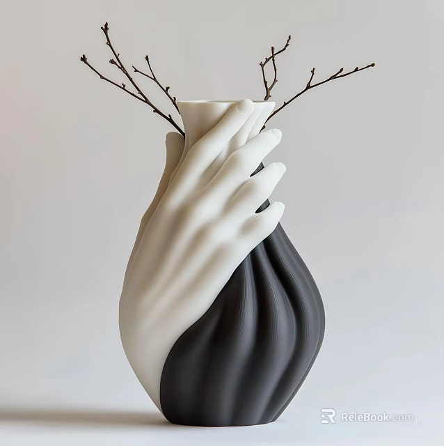 Unique Hand Shaped Ceramic Vase With Black And White Design And Decorative Branches 3d model 