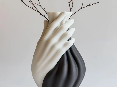 Unique Hand Shaped Ceramic Vase With Black And White Design And Decorative Branches 3d model