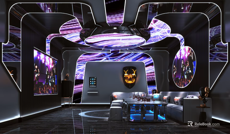 Modern KTV Lounge With Colorful Neon Lighting Comfortable Sofa And Large Screens 3d model 
