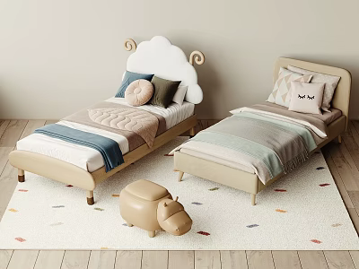 Adorable Children's Beds With Cloud Shaped Headboard Soft Bedding And Hippo Stool On Patterned Rug 3d model